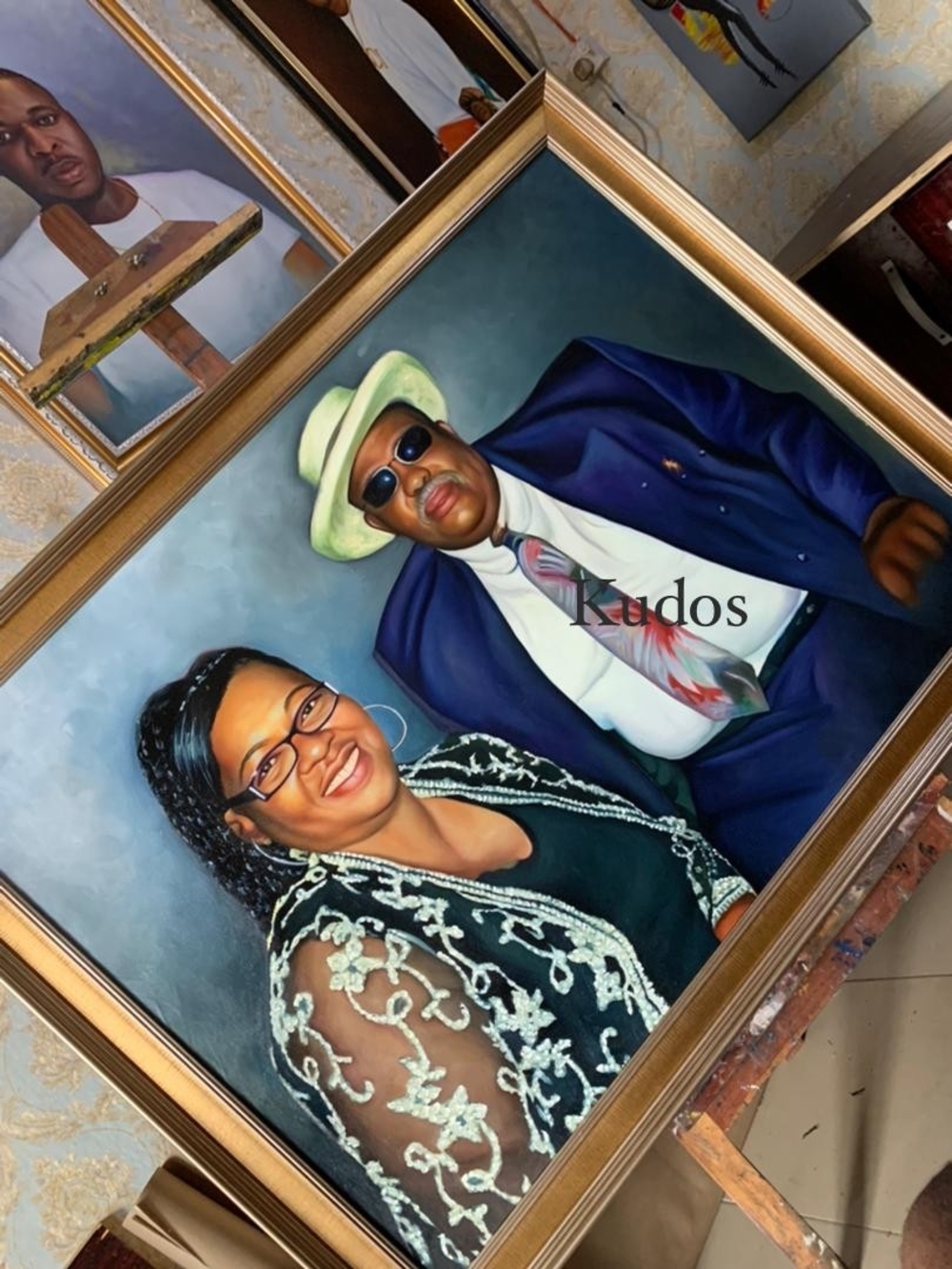 Framed Portrait Painting of Couple in Navy & Black Attire